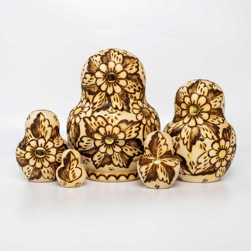 5pcs 12cm / 4.7" Burned Wood Nesting Dolls - Image 2